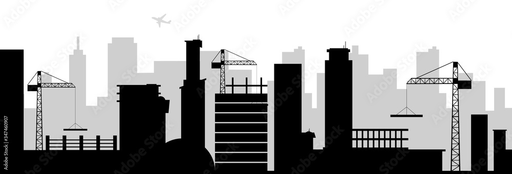 City building black silhouette seamless border. Under construction monochrome vector illustration. Skyscrapers and cranes decorative ornament design. Urban industrial scenery repeating pattern