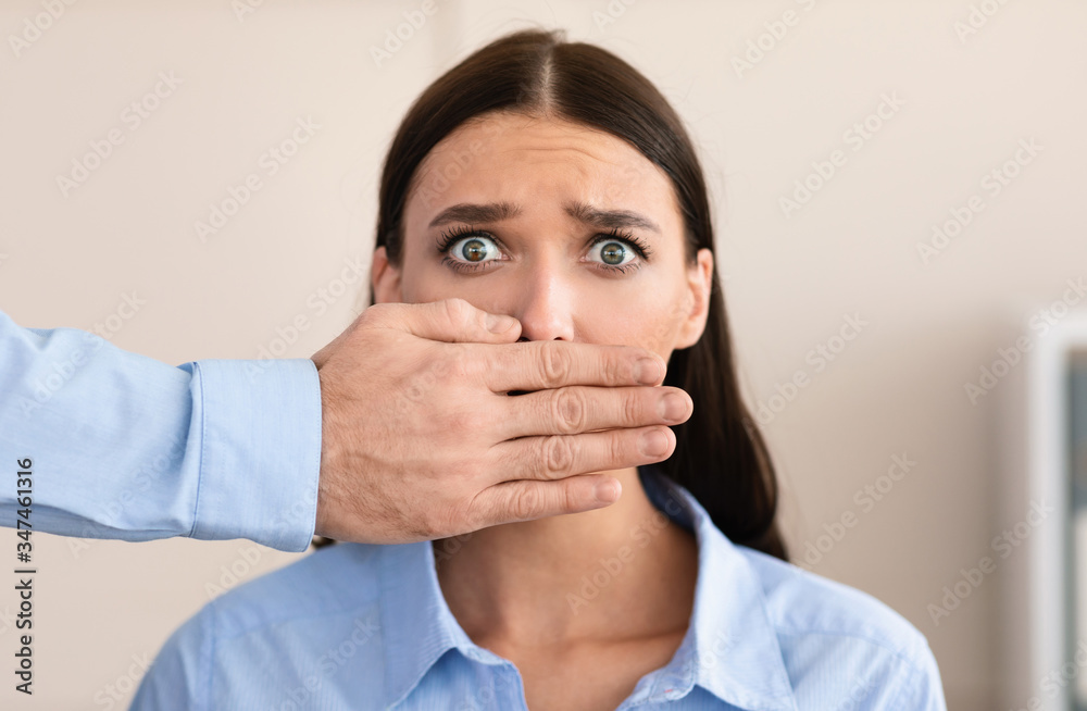 Boss Harassing Employee Girl, Covering Mouth With Hand In Office Boss Harassing Employee Girl, Covering Mouth With Hand In Office