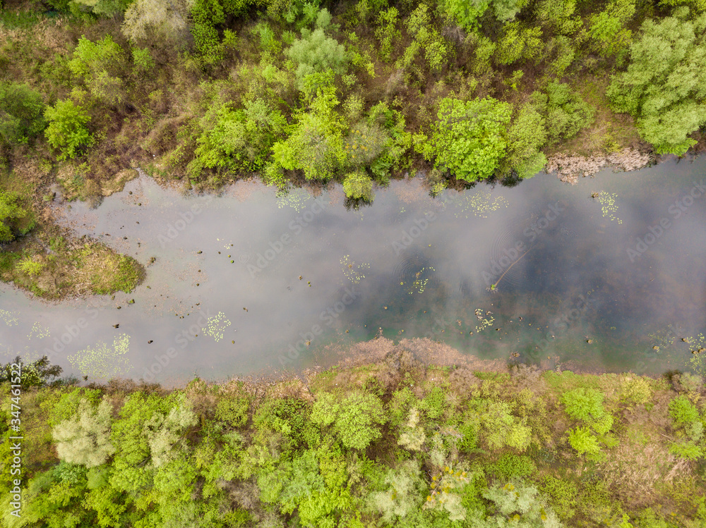 A small lake in a deciduous forest. Clouds are reflected in the water. Aerial drone view. A small lake in a deciduous forest. Clouds are reflected in the water. Aerial drone view.