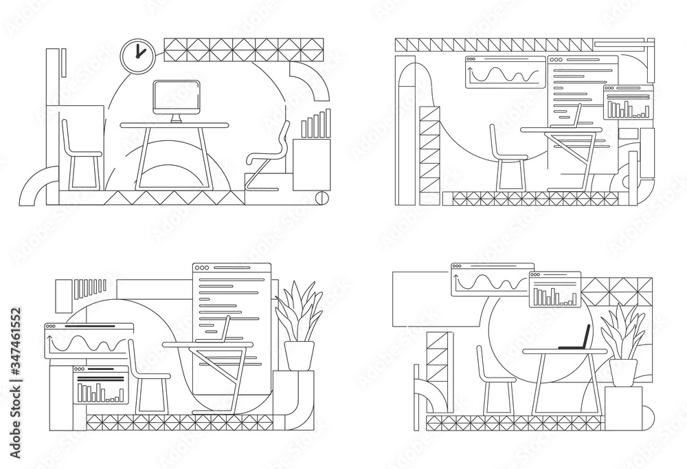 Obraz premium Office interior designs outline vector illustrations set. Creative studio furnished rooms contour compositions on white background. Coworking space simple style drawings collection