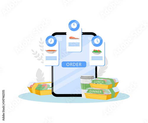 Prepared food scheduled delivery service flat concept vector illustration. Cooked meals online order. Internet restaurant, nutrition ordering and all day courier delivery creative idea