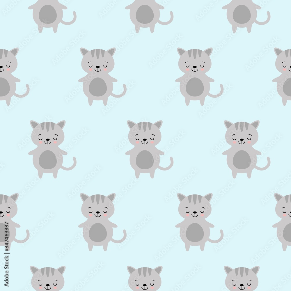Vector illustration. Seamless pattern. Funny kawaii cats. Cute cats in grey colors. Vector cats.