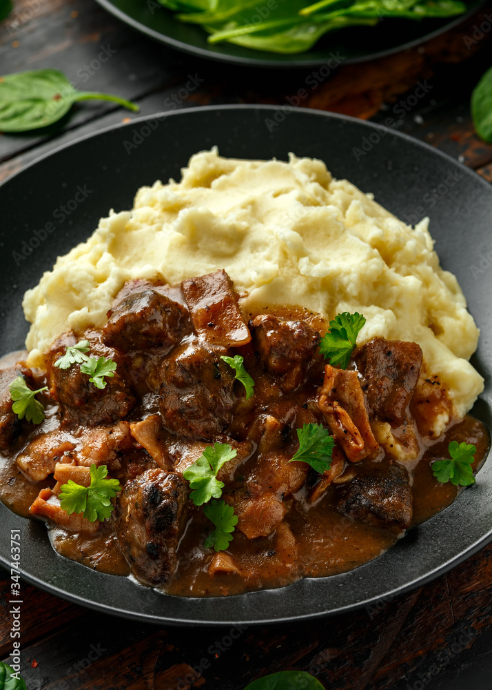 Fried Liver, bacon in onion gravy with mashed potato Fried Liver, bacon in onion gravy with mashed potato