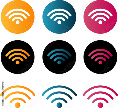 Gradient colorful wireless and wifi icons set. Free wifi. Round button wifi for remote internet access. Vector illustration isolated on white background eps10