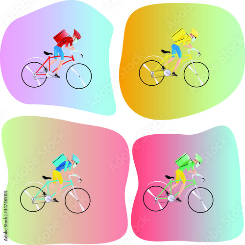 Online concept delivery service, online order tracking, home and office delivery. bicycle courier, courier in a respiratory mask. Vector illustration of yellow, red, green, blue.