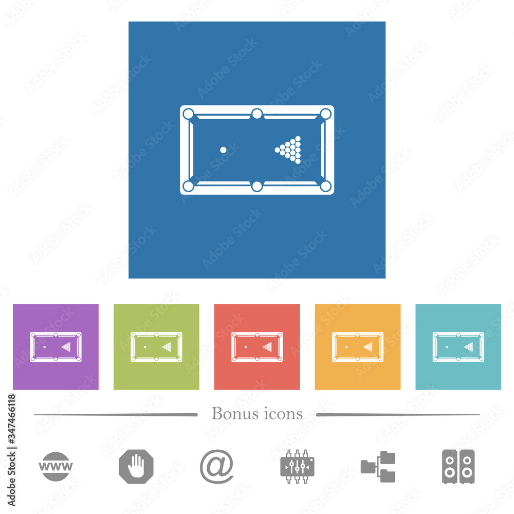 Billiard table initial state flat white icons in square backgrounds Billiard table initial state flat white icons in square backgrounds