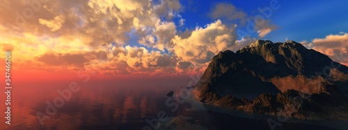 Beautiful sea sunset over a rocky island, the sun above the water among the clouds, the light in the ocean, 3D rendering
