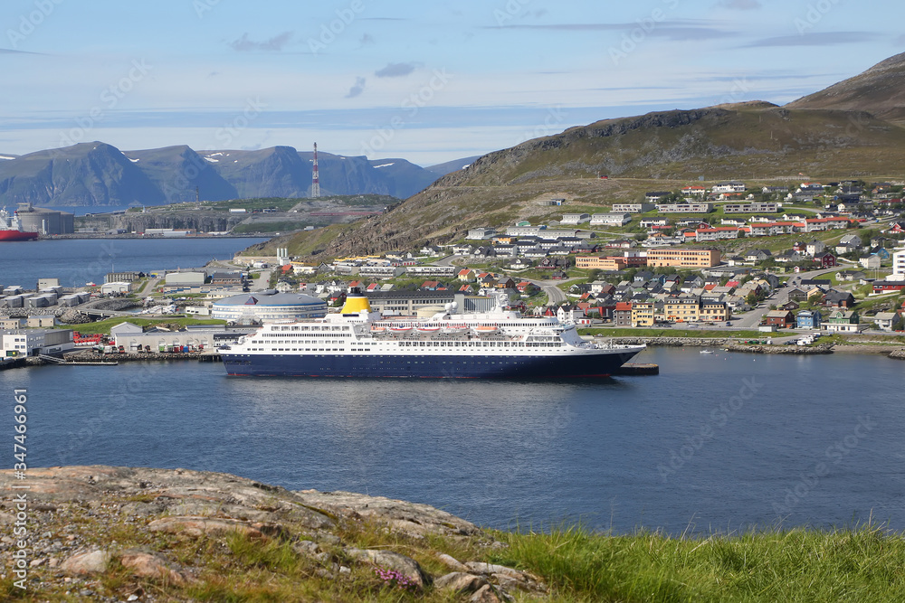 Cruise ship docked in the port of Hammerfest, which is the northernmost town in the world with more than 10,000 inhabitants, Troms og Finnmark county, Norway.
