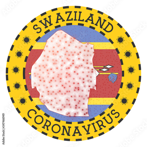 Coronavirus in Swaziland sign. Round badge with shape of Swaziland. Yellow country lock down emblem with title and virus signs. Vector illustration.