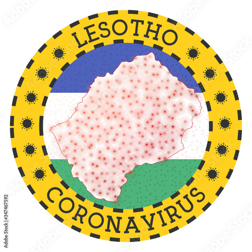 Coronavirus in Lesotho sign. Round badge with shape of Lesotho. Yellow country lock down emblem with title and virus signs. Vector illustration.