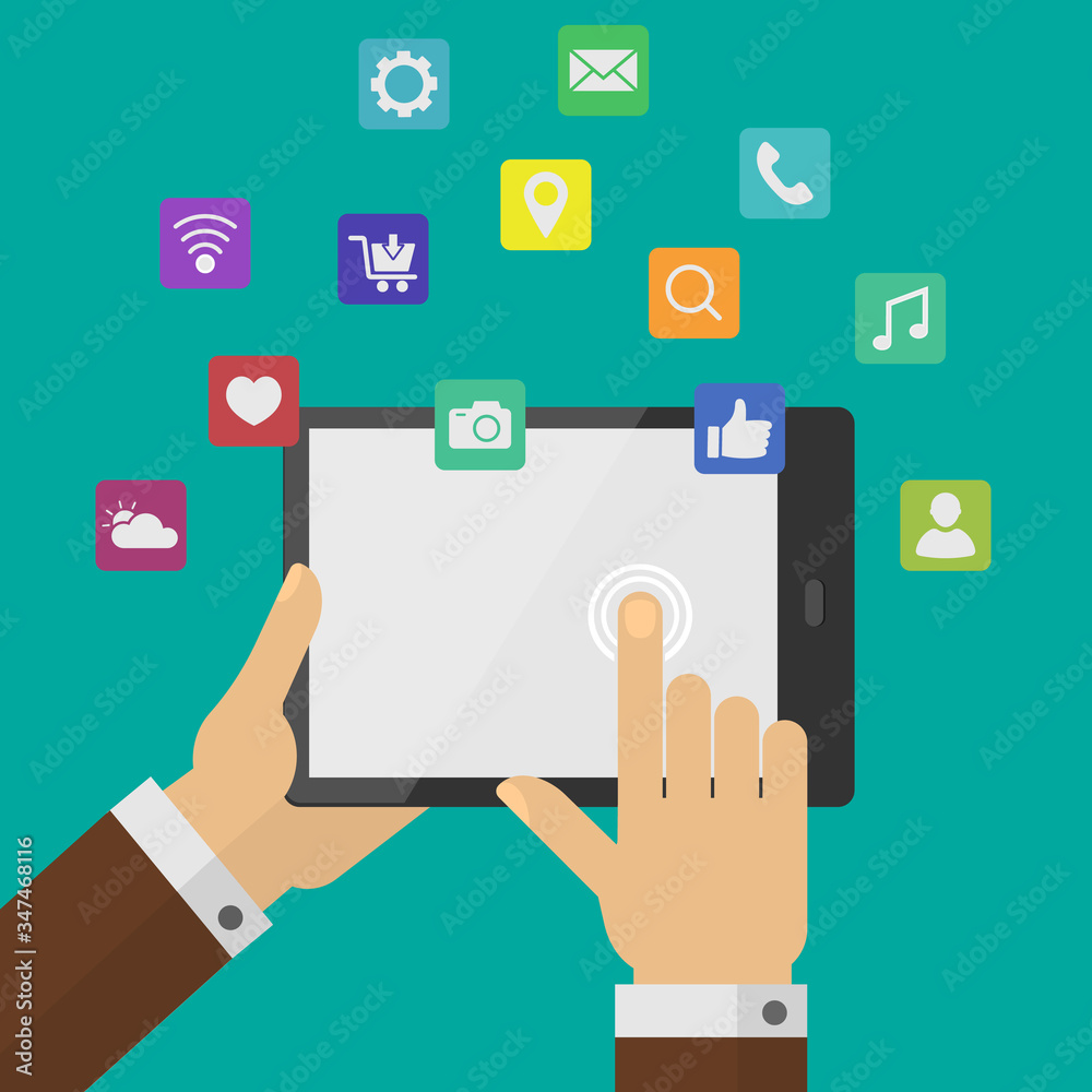 tablet pc with social media icons and hand cursor flat design tablet pc with social media icons and hand cursor flat design