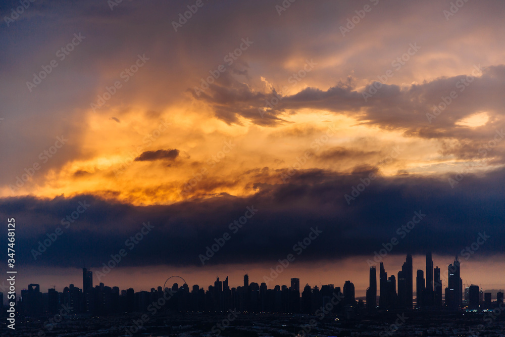 The beauty panorama of skyscrapers in Dubai Marina. UAE. Sunset over Dubai, aerial skyline.