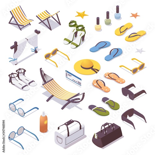 Big isometric set with women travel and vacation accessories like hammock, flip flops, eyeglasses, hat and sandals. Vector collection for tropical paradise