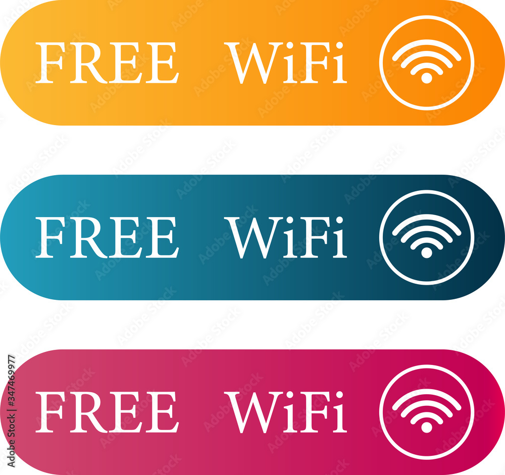 Free Wifi Concept. Rectangular gradient colorful wireless and wifi icons set. Free wifi button for remote internet access. Vector Illustration isolated on white background eps10 Free Wifi Concept. Rectangular gradient colorful wireless and wifi icons set. Free wifi button for remote internet access. Vector Illustration isolated on white background eps10