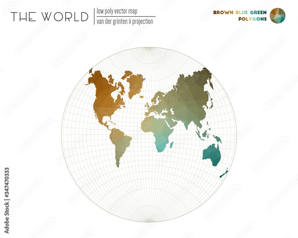 World map in polygonal style. Van der Grinten II projection of the world. Brown, blue, and green colored polygons. Elegant vector illustration. World map in polygonal style. Van der Grinten II projection of the world. Brown, blue, and green colored polygons. Elegant vector illustration.