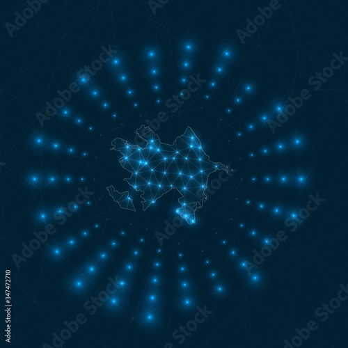 Azerbaijan digital map. Glowing rays radiating from the country. Network connections and telecommunication design. Vector illustration.