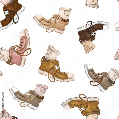 Seamless pattern of gym shoes of different colors and sizes on a white background. Sneaker for travel and brisk walking. Cartoon style. T-shirt design idea.