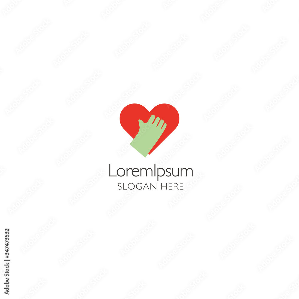 Vector heart and hand logo design template on white