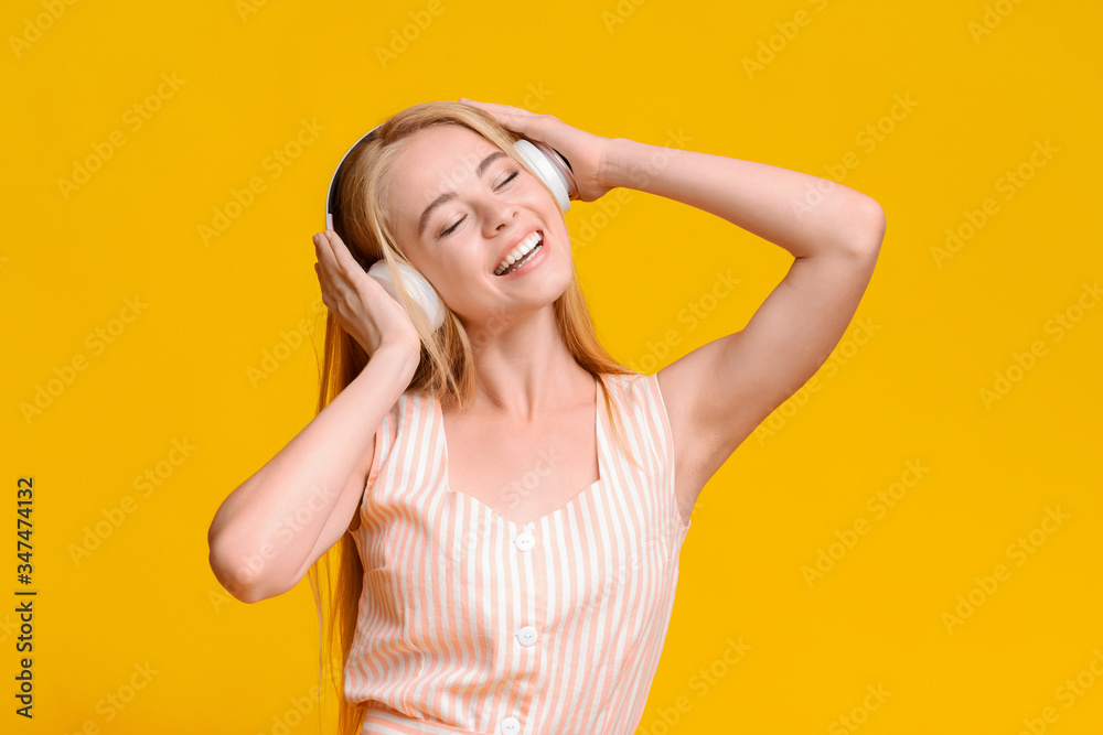 Favorite Leisure. Cheerful Teen Girl In Wireless Headphones Listening Music Favorite Leisure. Cheerful Teen Girl In Wireless Headphones Listening Music