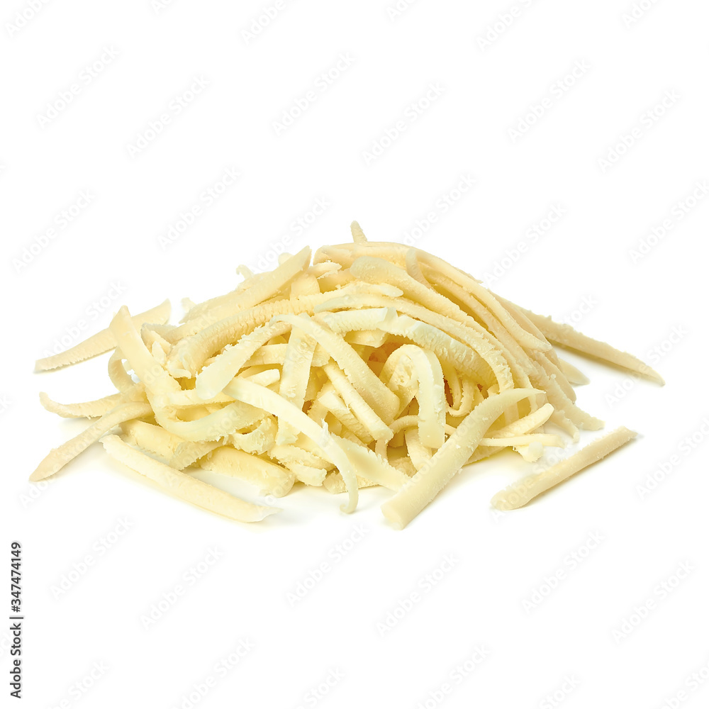Grated parmesan cheese pile from top isolated on white background Grated parmesan cheese pile from top isolated on white background