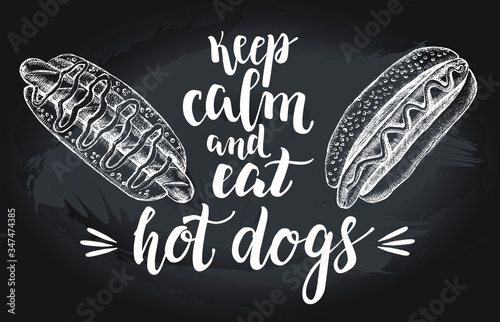 Ink hand drawn Delicious hot dog.  Fast Food elements for menu or signboard design. Vector illustration with brush calligraphy style lettering.