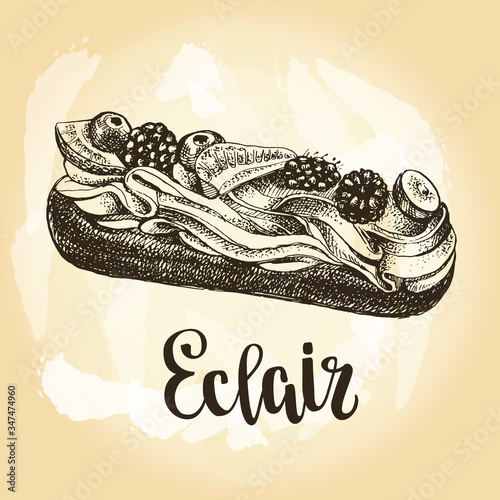 Delicious eclair with cream and berries. Ink hand drawn Vector illustration with brush calligraphy style lettering. Food elements for menu or signboard design.