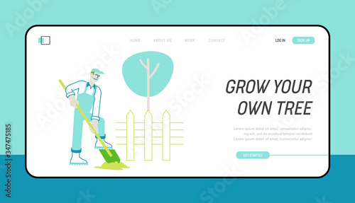 Outdoor Hobby or Work Landing Page Template. Farmer Character Working in Garden Digging Soil and Care of Plants in Countryside. Gardener Planting Sprouts to Ground. Active Linear Vector Illustration