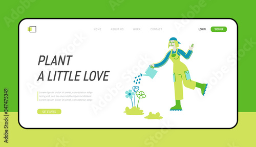 Horticulture, Olericulture Hobby Landing Page Template. Girl Gardening at House yard or in Greenhouse Watering Plants. Homework Woman Character Caring of Flowers and Herbs. Linear Vector Illustration