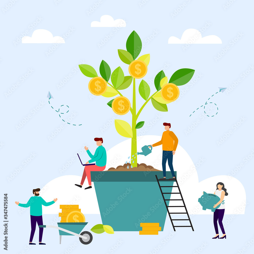 Φωτογραφία Business people grow plant in pot and collecting golden coins.