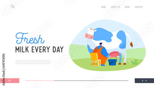 Farming Rancher Working on Animal Farm Landing Page Template. Milkmaid Man Character Sitting on Chair and Milking Cow to Bucket. Milk and Dairy Farmer Agriculture Products. Cartoon Vector Illustration