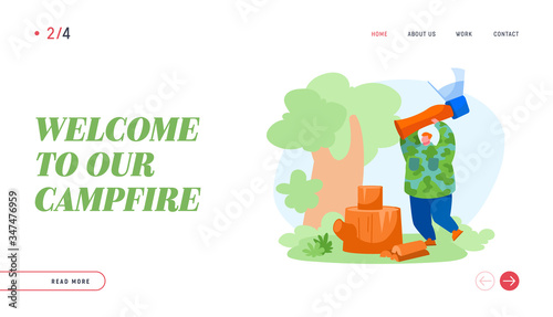 Camping Landing Page Template. Man Character Spend Time at Summer Camp in Forest Chopping Woods for Campfire. Summertime Activity, Sparetime, Active Leisure on Nature. Cartoon Vector Illustration
