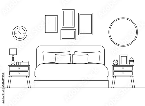 Cozy bedroom linear interior scene with furniture isolated on white background.