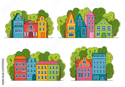 Set of happy  small houses with green trees, cartoon vector illustration, isolated.