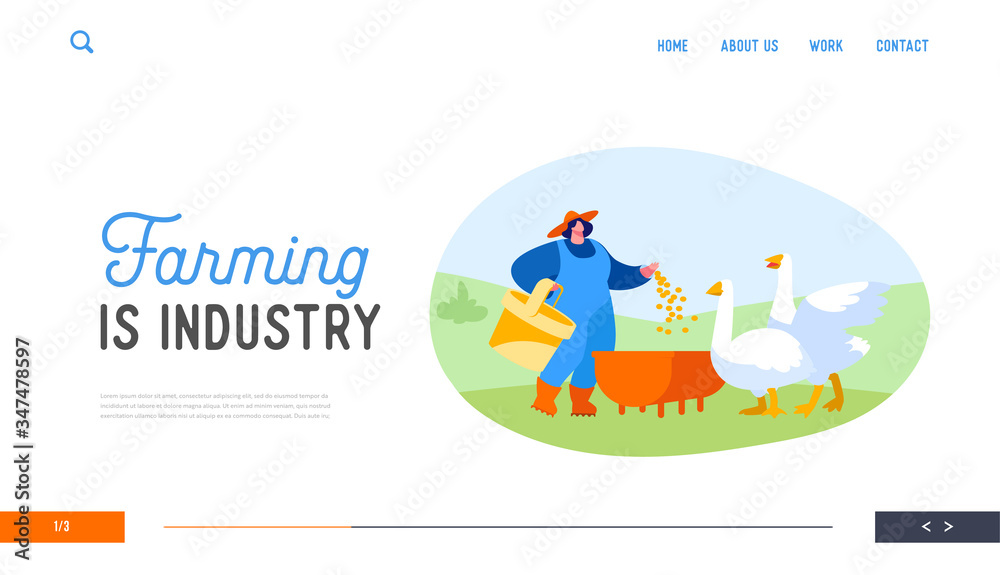 Girl Care of Birds on Poultry Farm at Summertime Landing Page Template. Young Woman Feeding Geese on Nature. Female Farmer, Villager Character at Work. Agriculture Farming. Cartoon Vector Illustration