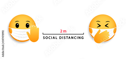 Social distancing 2 m. Medical mask emoticons. Vector icon for coronavirus.