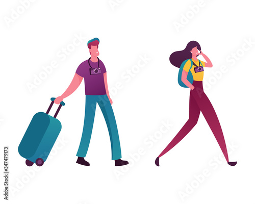 People with Luggage Book Cheap Flight, Saving Budget Concept. Male and Female Couple Characters Buying Airplane Tickets Online Save Money for Holidays Travel. Cartoon People Vector Illustration