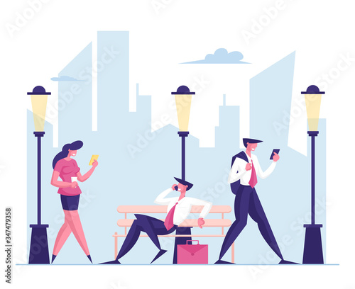 Business People Walking on City Street. Men and Women Characters Wearing Formal Clothing Hurry at Work, Speak by Mobiles Sitting on Bench at Urban Background. Cartoon People Vector Illustration