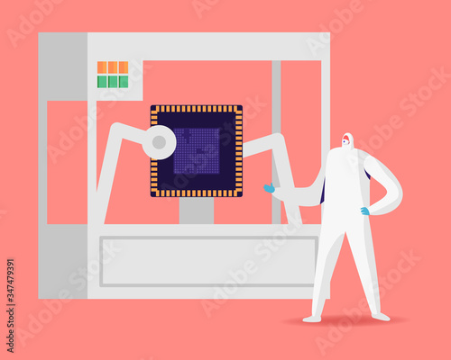 Technology Innovation, Manufacture Concept. Engineer Character Control 3d Printing Process. Automatic Three Dimensional Printer Create Semiconductor. Machine Set Up Object. Cartoon Vector Illustration