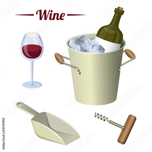 Wine accessories for degustation. Set of isolated vector objects in cartoon style