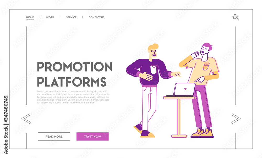 Internet Entertainment, Online Viral Content Repost and Share Landing Page Template. Couple of Men Friends Characters Watch Funny Video on Laptop Have Fun Together. Linear People Vector Illustration