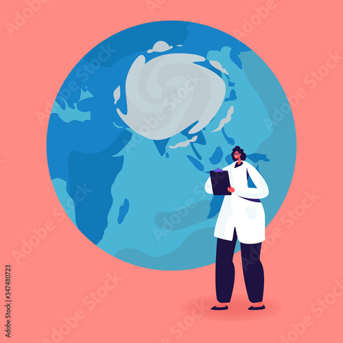 Female Character in White Robe Writing in Clipboard stand at Earth Globe with Cyclone Vortex. Meteorological Investigation, Weather Forecast, Meteorology and Cartography. Cartoon Vector Illustration