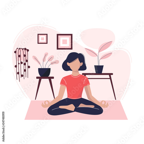 A young woman. is meditating in a room. Concept illustration for yoga, meditation, relax. Healthy lifestyle in quarantine. Vector illustration.