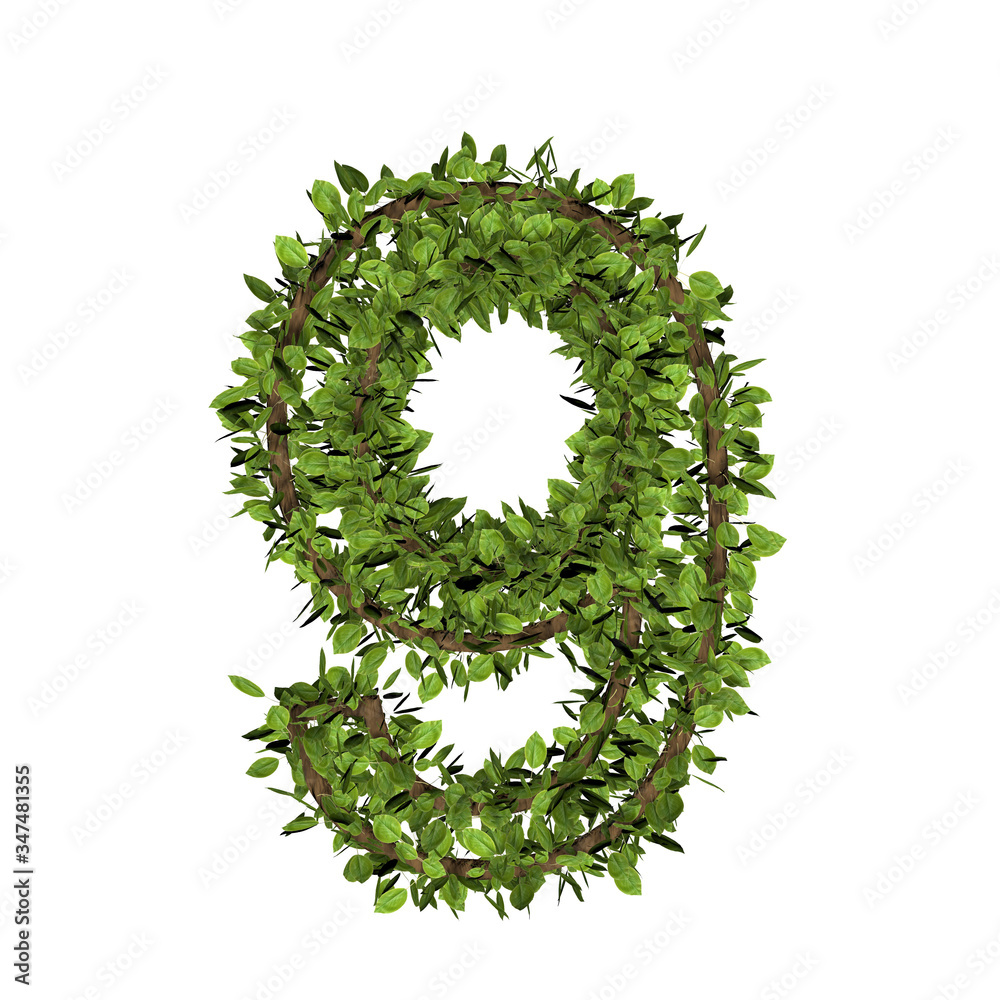 Leaf style number nine, 9. 3D render of grass font isolated on white background Leaf style number nine, 9. 3D render of grass font isolated on white background
