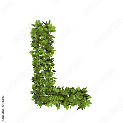 Leaf style letter l. 3D render of grass font isolated on white background