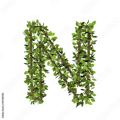 Leaf style letter n. 3D render of grass font isolated on white background