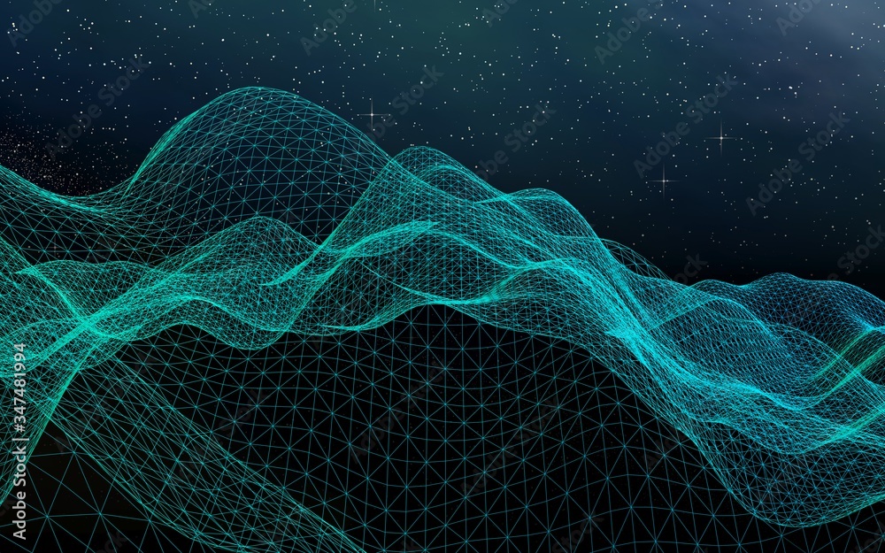 Fototapeta premium Abstract landscape on a dark background. Cyberspace grid. hi tech network. Outer space. Starry outer space texture. 3D illustration