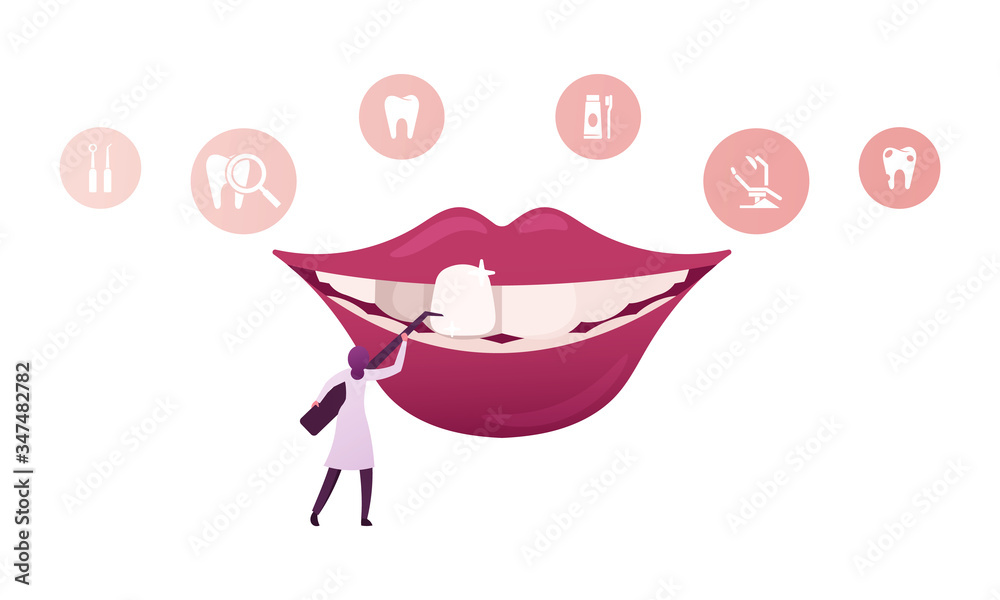 Tiny Female Dentist Doctor Character in Medical Robe Holding Stomatologist Instrument Install