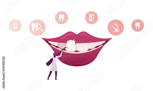 Tiny Female Dentist Doctor Character in Medical Robe Holding Stomatologist Instrument Install Dental Veneers to Huge Mouth in Clinic Cabinet, Aesthetic Stomatology Concept. Cartoon Vector Illustration