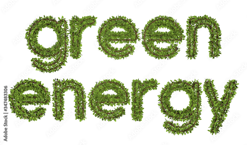 3D green energy text on white background. Leaf style text. 3D green energy text on white background. Leaf style text.