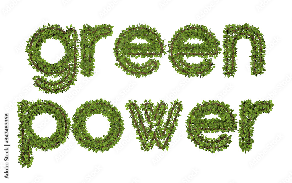 3D green power text on white background. Leaf style text. 3D green power text on white background. Leaf style text.